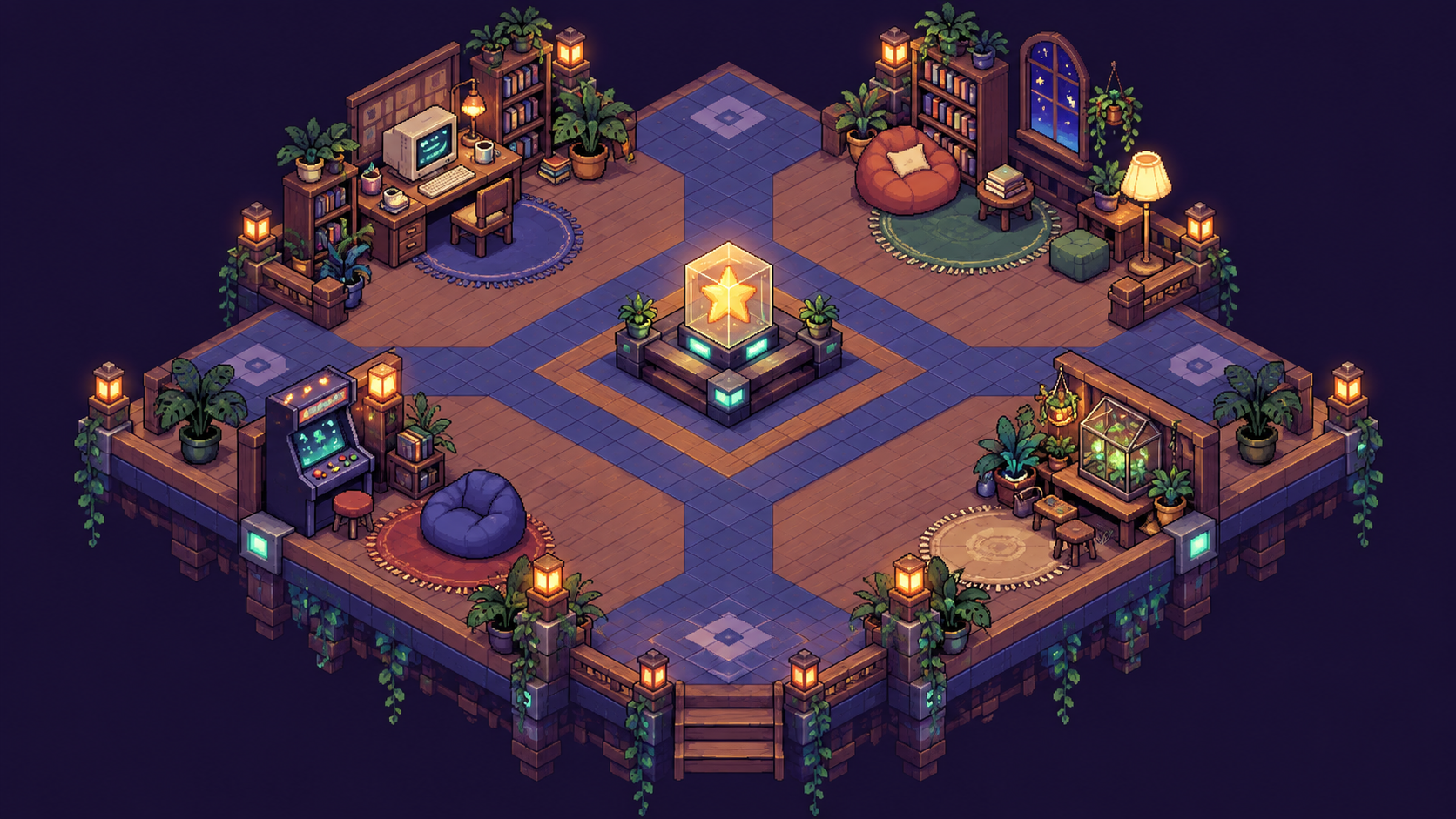 An isometric pixel-art clubhouse with cozy desks, books, plants and a glowing reward console